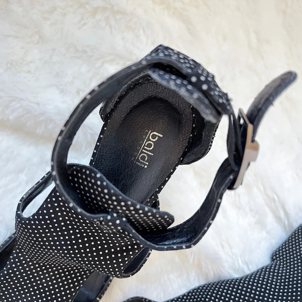 Baldi London Polka Dot Cage Sandal High Block Heel Open Toe Black White 8.5
